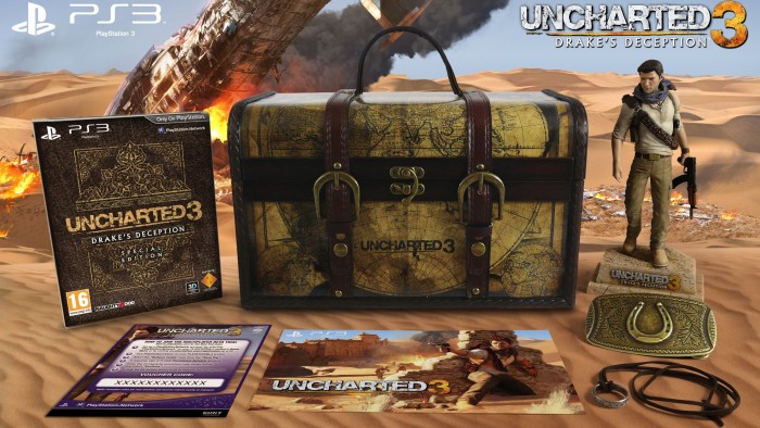 Uncharted 3: Drake's Deception Collector's Edition included a Nathan Drake figurine, his replica belt buckle, and others all housed inside a traveling chest for $100.